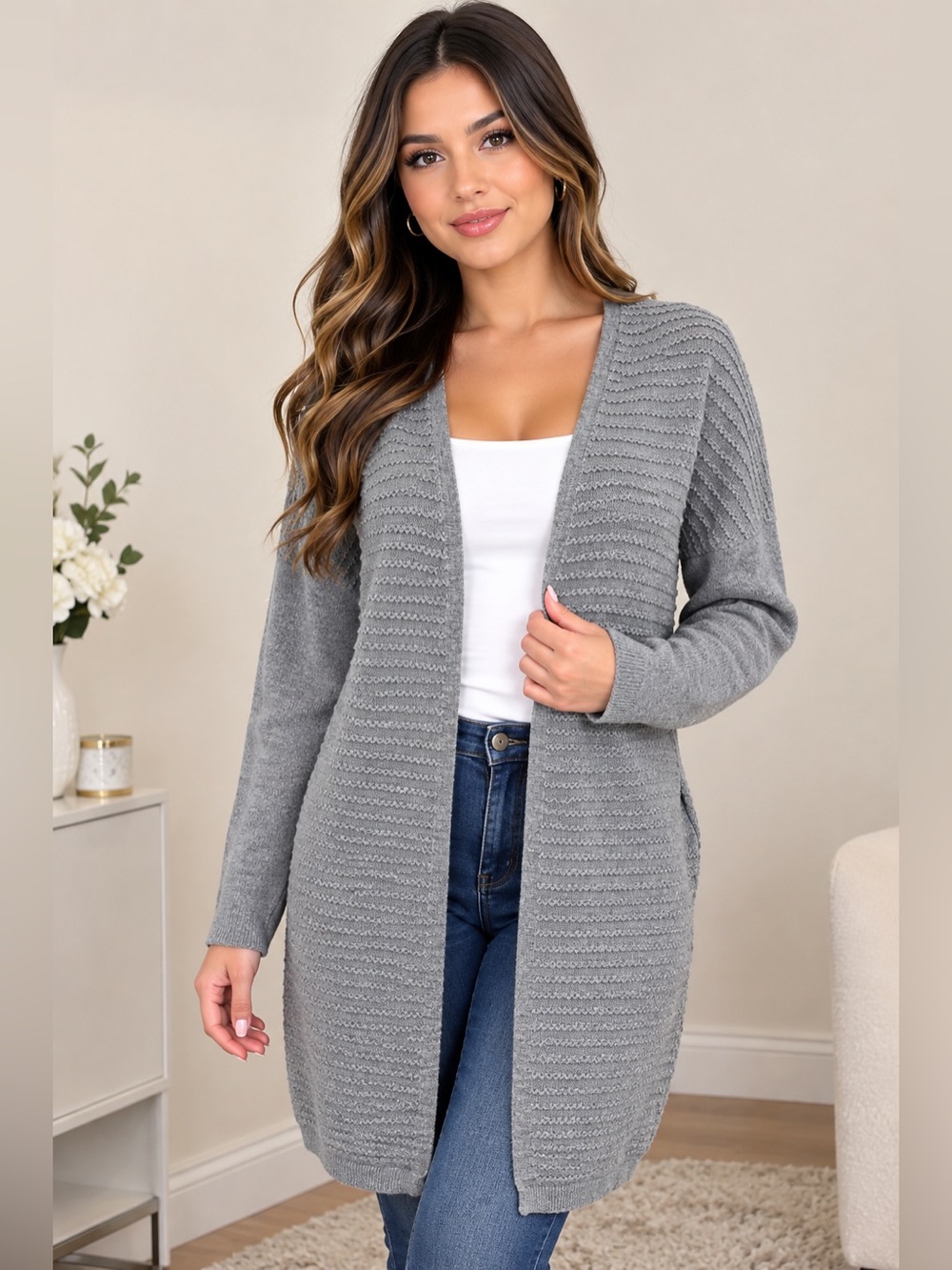 Tahari Light Gray Open-Front Women's Cardigan